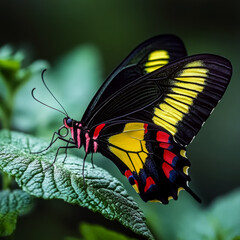 A vibrantly colored butterfly with yellow, red, and black markings rests on a green leaf. Concept of nature and beauty. For a nature photography portfolio.