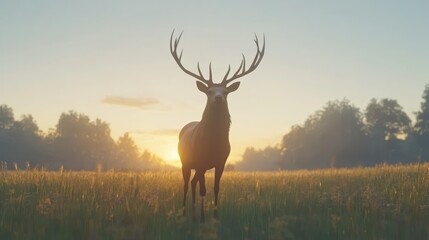 Fototapeta premium Majestic stag silhouetted at sunrise in a misty field.