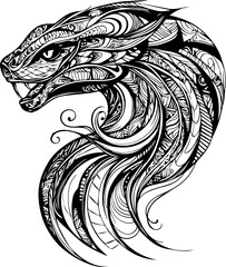 Obraz premium SVG vector features zentangle animal designs. Intricate Black and White Dragon Head with Flowing Hair