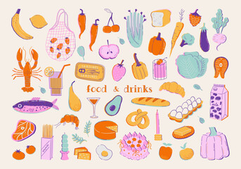 Set of contemporary art food illustrations. Vegetables, fruits, berries, lobster, fish in trendy geometric style. Colorful abstract dinner party drawings. Vector graphic