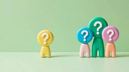Group of people with question marks on head above on soft green background. 3d rendering figure, symbolizing inquiry, doubt confusion
