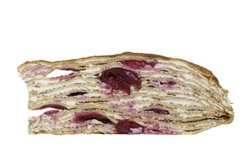 pancake cake filled with cottage cheese and cherries, Christian traditions, Shrovetide week, homemade food, isolated on transparent background, png