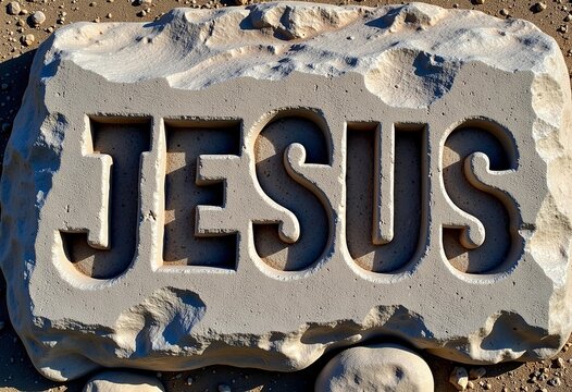 Bold "JESUS" Logo on Stone: Striking Image of the Name Carved into Rock, Ideal for Religious Organizations, Church Events, and Inspirational Christian Media.

