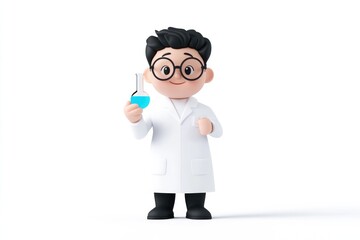 Cheerful scientist holds blue liquid in flask, showcasing curios