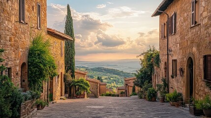 Sunset view from a narrow cobblestone street in an Italian village.