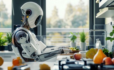 Fototapeta premium Humanoid robot prepares salad in modern kitchen. Artificial intelligence concept, home assistant, 3d rendering.