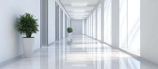 Obraz premium Modern Corridor with Plants, Sunlight, and Clean Lines