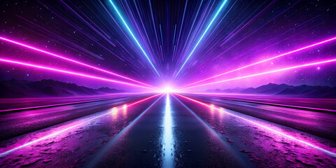 Realistic neon purple pink speed rays on the dark asphalt at night background.