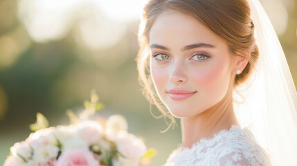 Fototapeta premium Smiling bride holding bouquet in sunlit garden wearing elegant lace dress on wedding day