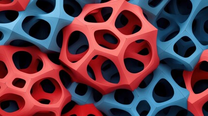 Fototapeta premium material science nanomaterials concept. Colorful abstract shapes in red and blue with hollow patterns.