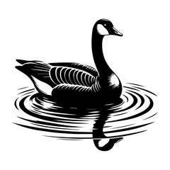 A goose in the water is a black and white silhouette. The EPS vector.