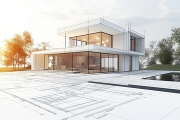 Modern House Blueprint, Sunset, Landscape, Design