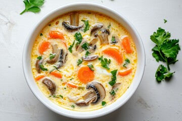  Steamed egg soup with carrots and mushrooms in a white bowl, top view isolated background. Asian cuisine photography for comfort food blogs or home cooking guides.  