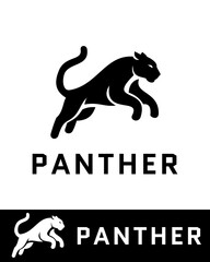 Black panther silhouette in a dynamic jumping pose, designed in a modern and minimalistic vector style