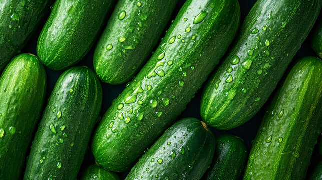 Vibrant cucumbers glisten with fresh water drops against a dark background in a seamless, macro pattern