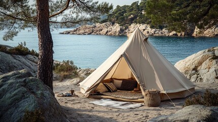 serene beachside glamping retreat, canvas tent nestled amid rocky shore and tranquil turquoise sea