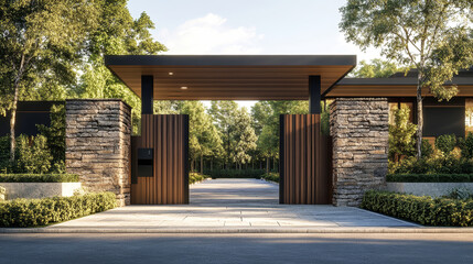 Elegant wood and stone gate design welcoming visitors to a modern estate entrance