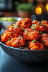 Close Up of Delicious and Spicy Chicken Wings in a Bowl Garnished with Parsley Perfect for Food Photography