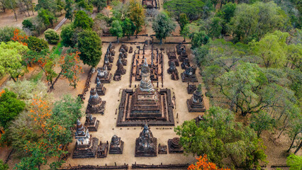 Aerial view of Sukhothai Thailand  Si Satchanalai Historical Park, showcasing its ancient ruins and vibrant, strong colors