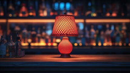 Illuminated red lamp on bar counter in dimly lit bar
