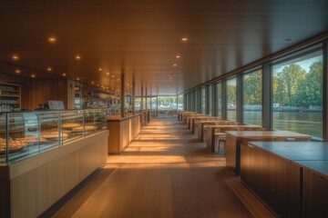 Spacious interior with large windows, warm wood tones, and invit