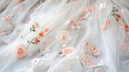 Delicate floral embroidery on sheer white fabric