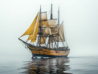 Majestic sailing ship glides through misty sea
