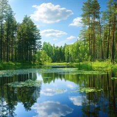 Obraz premium Serene Lake Reflection Amidst Verdant Forest Canopy Under Azure Sky with Fluffy Clouds in Summer Day
