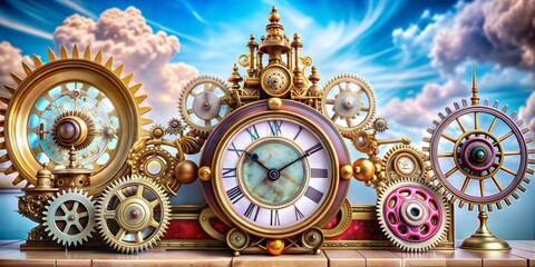 Obraz premium An elaborate arrangement of golden clocks and gears set against a backdrop of soft clouds and vibrant blue skies, evoking a sense of wonder and nostalgia for a bygone era.