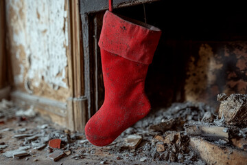 A red stocking hangs next to a damaged fireplace amid rubble and ash. Concept of abandonment and decay. For holiday-themed decoration photography.
