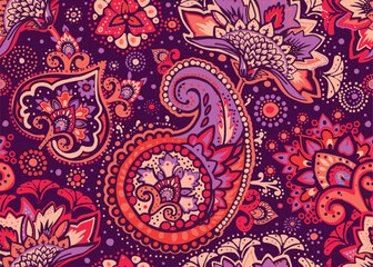 Seamless paisley pattern in Oriental style with floral and ethnic motifs for printed fabric, wallpaper, and packaging