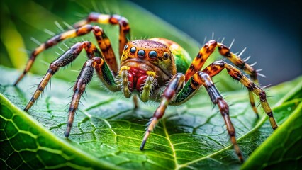 Fototapeta premium Orb Weaver Spider on Plant, Macro Photography, Rule of Thirds Composition