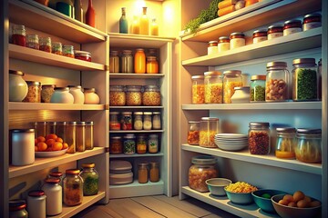 Organized Pantry:  Neatly Labeled Food Storage in a Modern Kitchen
