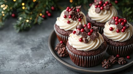 Delicious chocolate cupcakes decorated with frosting and festive adornments on a plate