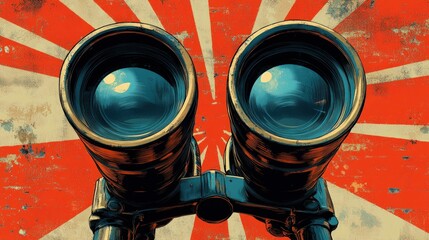 Vintage binoculars explore a vibrant, sunburst background.