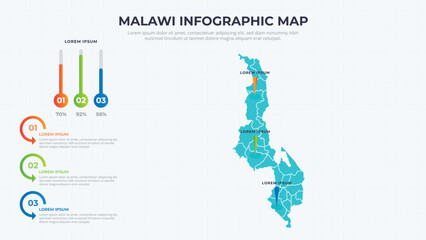 Infographic Map of Malawi. Malawi country map infographic colored vector template with regions and pointer marks.