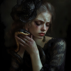 Woman in dark attire holds snake with an enigmatic expression indoors. Generative AI