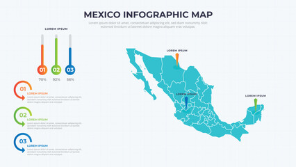 Infographic Map of Mexico. Mexico country map infographic colored vector template with regions and pointer marks.