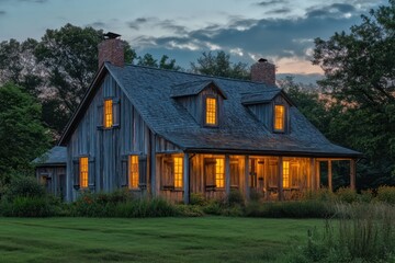 Obraz premium A rustic farmhouse with warm interior lights glowing through its shuttered windows