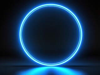 Luminous blue neon circle radiating futuristic glow on dark reflective surface abstract design element