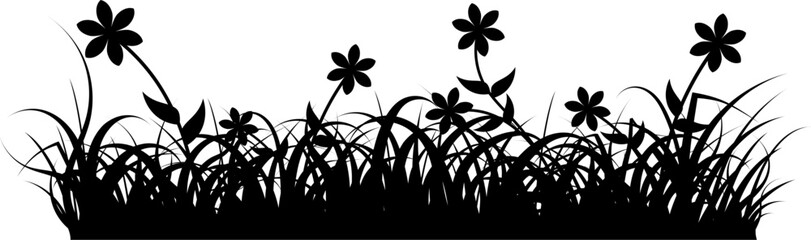 Une silhouette d'une bordure d'herbes avec des fleurs sur un fond transparent