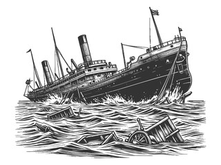 Sinking Steamship in Rough Sea raster illustration