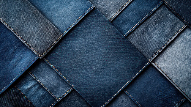 Textured backdrop made of overlapping denim fabric pieces with visible seams and rich details