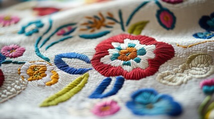 Obraz premium Colorful Floral Embroidery on White Fabric