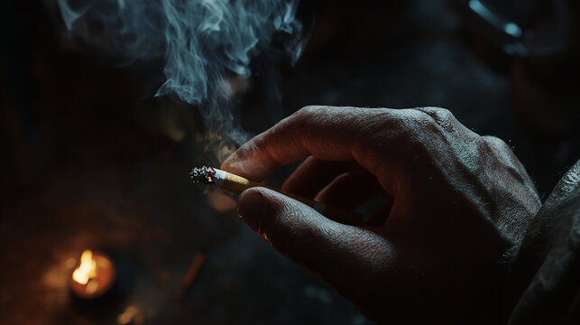 Close-up of a hand holding a burning cigarette