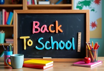 Inspire Learning: Eye-Catching Back to School Digital Art Showcasing Playful Chalkboard Font and Detailed Classroom Items, Ideal for Engaging Students and Parents Alike.

