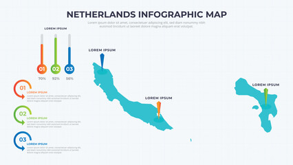 Infographic Map of Netherlands. Netherlands country map infographic colored vector template with regions and pointer marks.