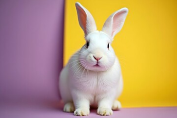 Obraz premium AI Generated Adorable White Rabbit on Colorful Background with Purple and Yellow