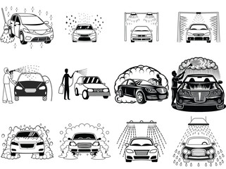 Obraz premium Black and White Car Wash Icons Set for Auto Detailing Services
