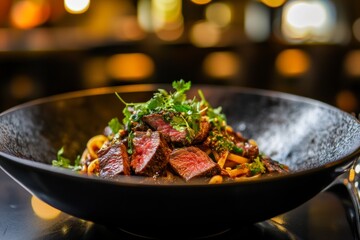 Gourmet Beef Noodle Dish with Fresh Herbs and Elegant Presentation